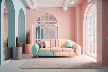 Interior of modern living room with pink and blue walls, carpet on the floor, pink sofa and window. 3d renderingの写真素材