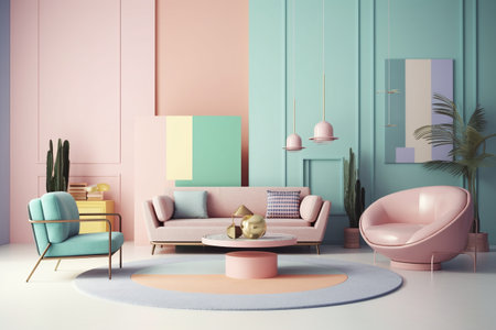 Interior of modern living room with pink and blue walls, concrete floor, 3d renderの写真素材