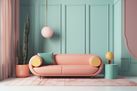 Minimalist living room interior with pink sofa and plants. 3d renderingの写真素材