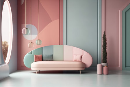 Interior of modern living room with pink and blue walls, concrete floor, pink sofa and round mirror. 3d renderingの写真素材