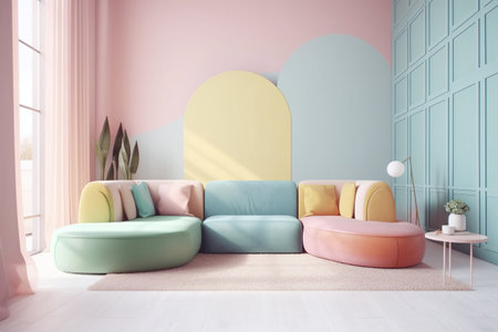 Interior of living room with green sofa and pink wall. 3d renderingの写真素材