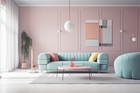 Modern living room interior with pink walls, carpet and blue sofa. 3d renderingの写真素材