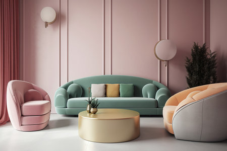 Interior of modern living room with pink wall, sofa and coffee table. 3d renderingの写真素材