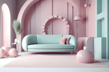 Pink modern living room interior with blue sofa and pink decor. 3D renderingの写真素材