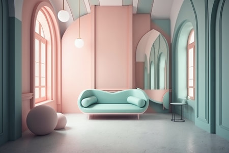 Interior of living room with pink walls, concrete floor, comfortable sofa and round window. 3d renderingの写真素材