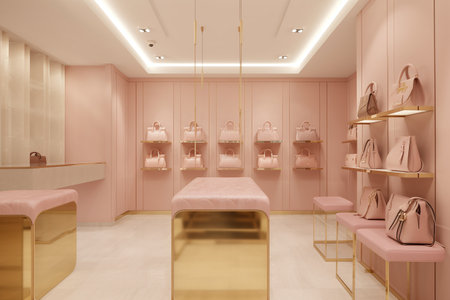 3d rendering luxury fashion store in pink color with gold accessories.の写真素材