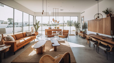 Interior of modern living room with sofa and wooden table. Nobody insideの写真素材