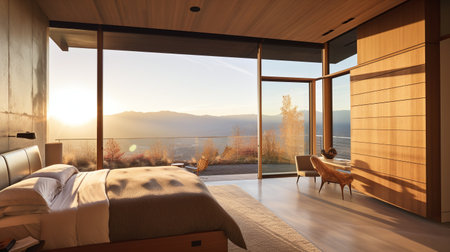 Interior of a modern bedroom with a view of the mountains. 3d renderingの写真素材
