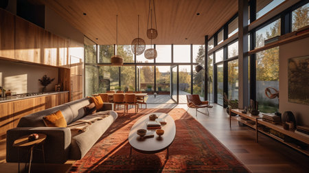 interior of modern house, living room, kitchen, dining areaの写真素材