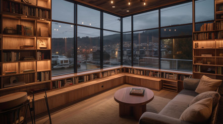 Interior of a modern library with wooden bookshelves and a coffee tableの写真素材