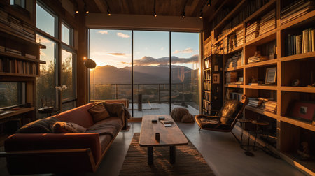 Luxury interior of a living room with a view of the mountainsの写真素材