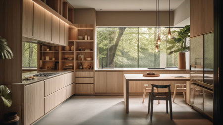 Interior of modern kitchen with wooden and glass walls, tiled floor, wooden countertops and cupboards. 3d renderingの写真素材