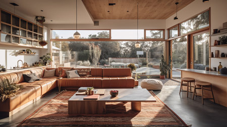 Interior of modern living room with brown sofa and wooden coffee tableの写真素材