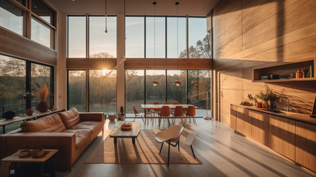 Interior of a modern living room with wooden walls and a panoramic window overlooking the countrysideの写真素材