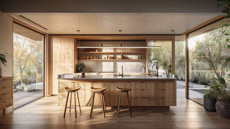 Interior of modern kitchen with wooden walls, wooden floor and wooden countertops. 3d renderingの写真素材