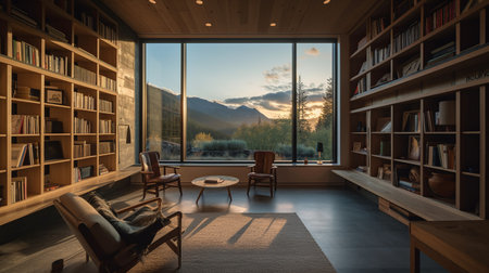Interior of a modern living room with a panoramic window overlooking the mountainsの写真素材