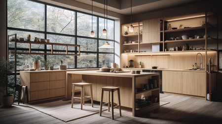 modern kitchen interior design in scandinavian style. 3d renderingの写真素材