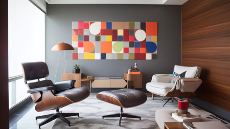 Interior of modern living room with gray walls, concrete floor, comfortable brown armchairs and coffee table. 3d renderingの写真素材