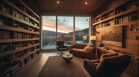 Interior of a modern living room with a panoramic window overlooking the mountainsの写真素材