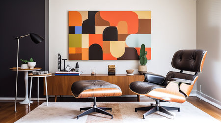 Interior of a modern office with black and orange walls, wooden floor, black armchairs and a coffee tableの写真素材