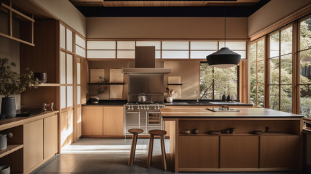 3d rendering luxury kitchen and dining room in japanese styleの写真素材