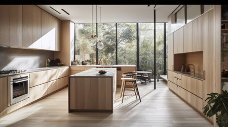 Interior of modern kitchen with wooden walls, wooden floor and white countertops. 3d renderingの写真素材