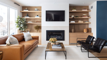 Modern living room interior with fireplace, sofa and coffee table. Nobody insideの写真素材