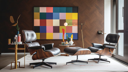 Interior of modern living room with brown leather armchairs and colorful wallの写真素材
