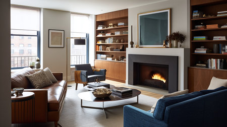 Interior of a modern living room with fireplace and bookshelvesの写真素材