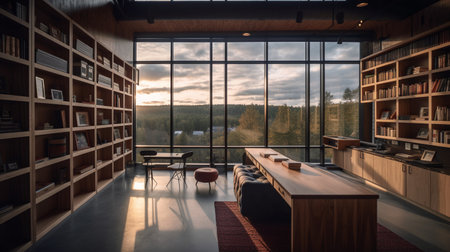 Interior of a modern library with wooden bookshelves and conference roomの写真素材