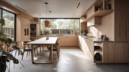 Interior of modern kitchen with wooden walls and floor. 3d renderingの写真素材