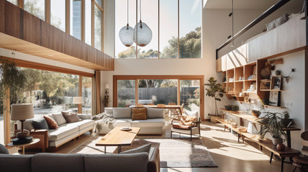 Interior of modern living room with sofa, coffee table and bookcaseの写真素材