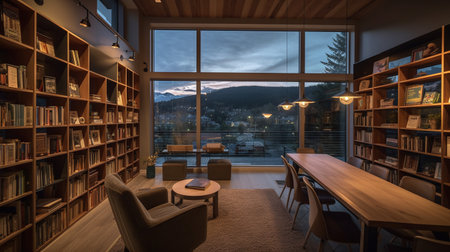 Luxury interior of a living room with a view of the mountainsの写真素材