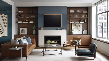 Living room interior design with fireplace and armchairs. 3d renderingの写真素材
