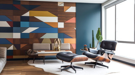Interior of modern living room with blue walls, wooden floor, comfortable sofa standing near round coffee table and brown armchairs. 3d renderingの写真素材