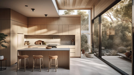 Interior of modern kitchen with wooden walls, concrete floor, white countertops and wooden cupboards. 3d renderingの写真素材