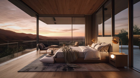 3d rendering of a modern bedroom with a view to the mountainsの写真素材