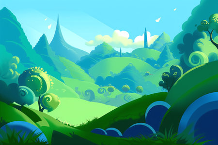 Cartoon landscape with trees and mountains. Vector illustration for your designの写真素材