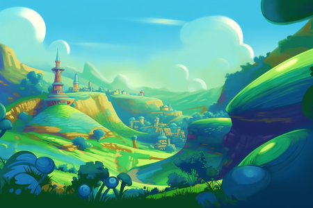 Cartoon fantasy landscape with castle on the hill - illustration for childrenの写真素材