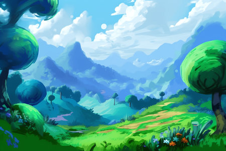 illustration of a beautiful nature landscape with mountains, trees and grassの写真素材