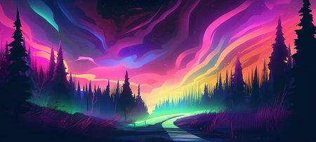 Fantasy landscape with forest and road at night. Vector illustration.の写真素材