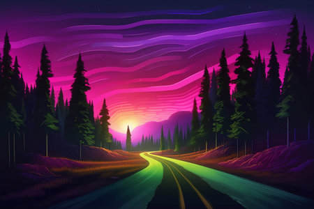 Night landscape with road, forest and purple sky. Vector illustration.の写真素材