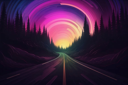 Fantasy landscape with road, forest and purple sun. Vector illustration.の写真素材