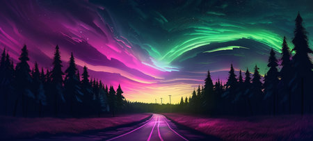 Fantasy landscape with road and aurora borealis in the skyの写真素材