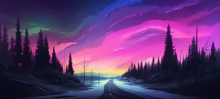 Fantasy landscape with a road in the forest at night. Vector illustration.の写真素材