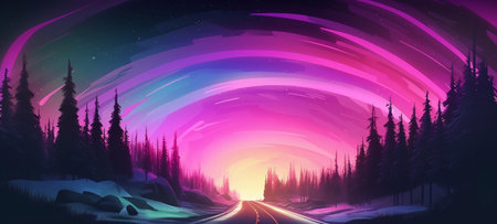 Fantasy night landscape with road, trees and mountains. Vector illustration.の写真素材