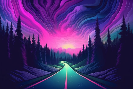 Vector illustration of a road through the forest at sunset. Nightscape.の写真素材