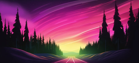 Vector illustration of a road through the forest with purple sky background.の写真素材