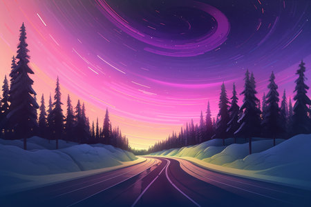 Fantasy winter landscape with road and starry sky. Vector illustration.の写真素材
