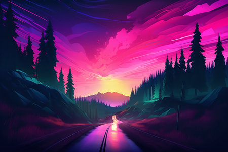 Fantasy landscape with road, trees and mountains at sunset. illustrationの写真素材